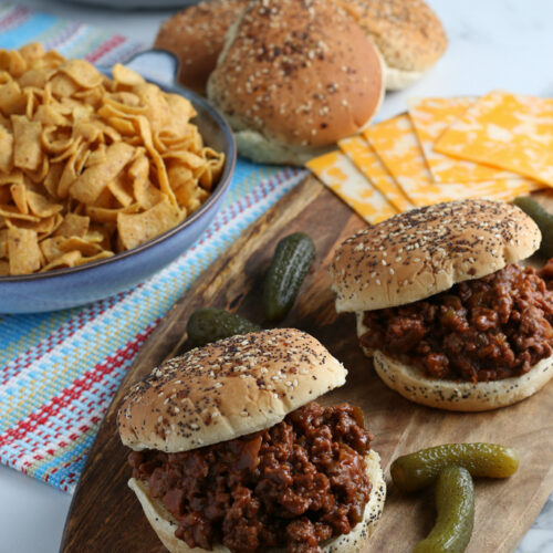 Homemade Sloppy Joes served with Fritos and cheese